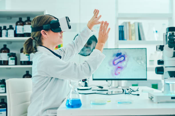 Where logic meets illusion Shot of a scientist using a virtual reality headset while conducting research in a laboratory ai in health stock pictures, royalty-free photos & images